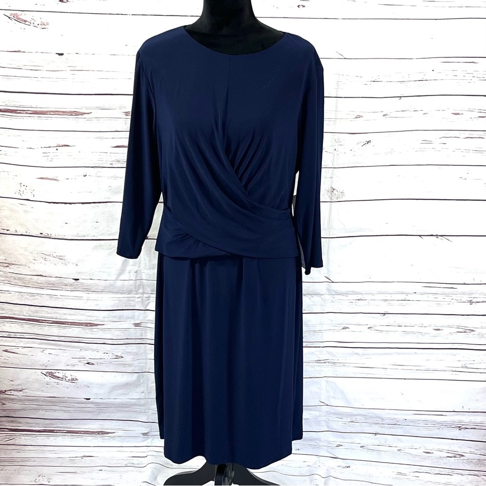 Eliza J Dress Womens Plus Size 18W Blue Round Neck Long Sleeve Faux‎ Wrap